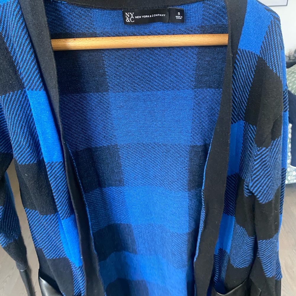 New York & Company Woman’s Blue and Black Plaid Cardigan - Size Small